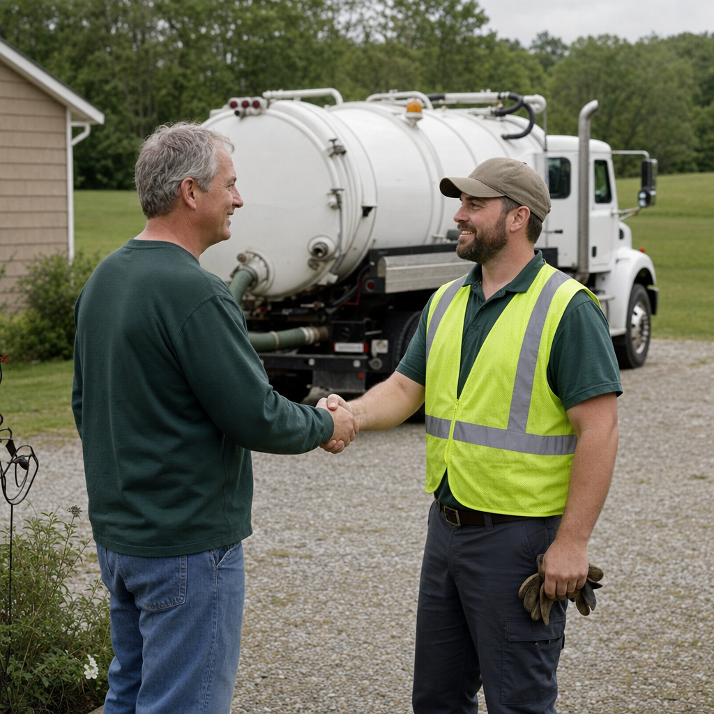 A septic technician shaking a Plano homeowner's hand beside the service truck after a completed pump-out