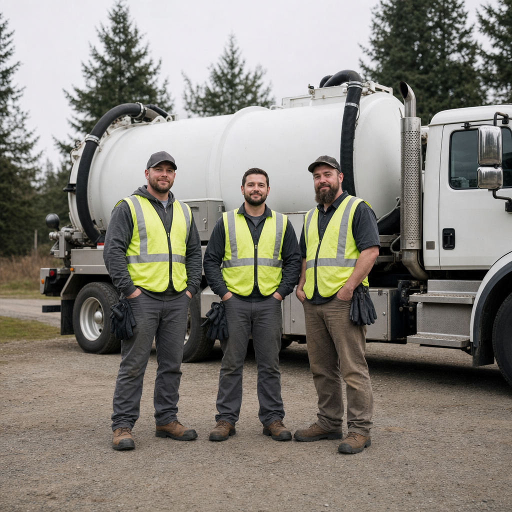 The Plano septic pumping crew standing together beside their clean white vacuum truck on a residential street