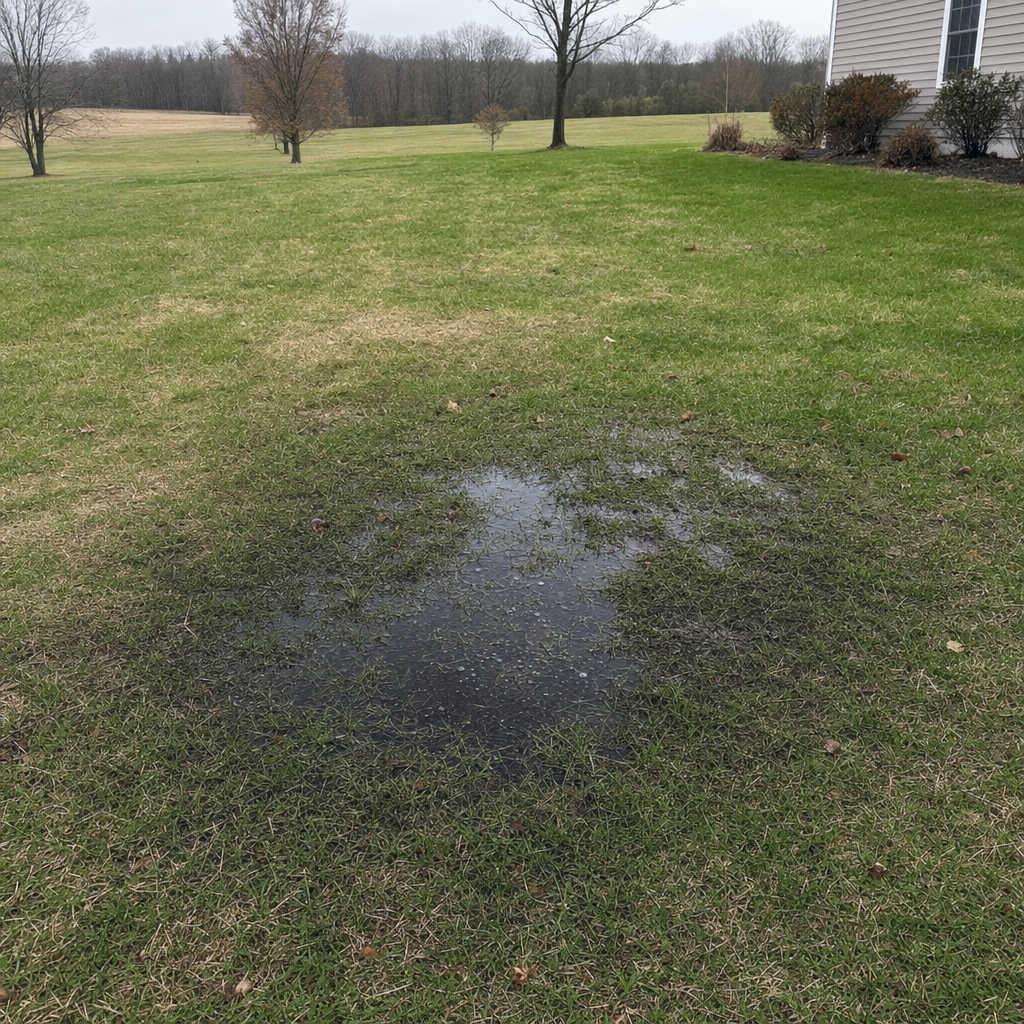 A dark, saturated wet spot in a Plano backyard lawn marking a failing cesspool at capacity