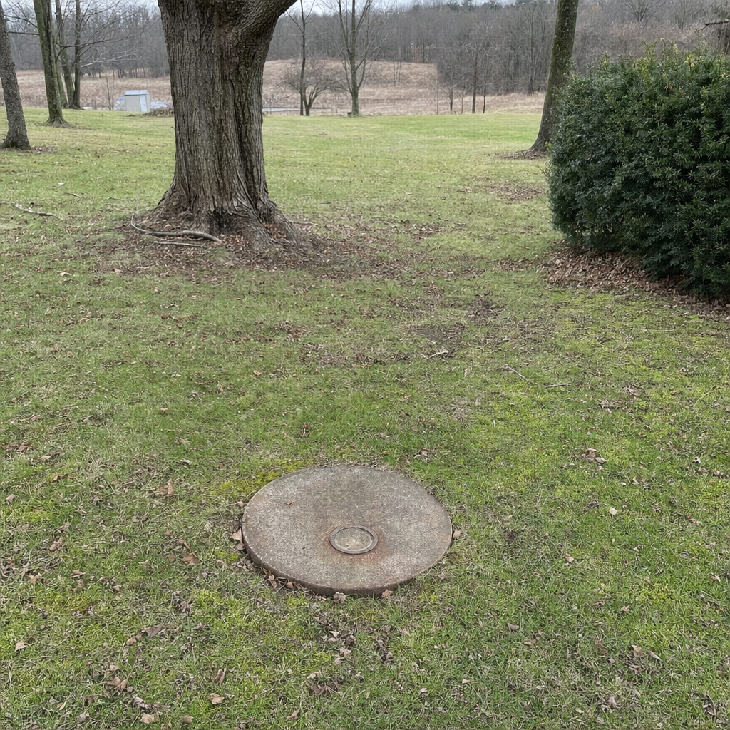 An older round cesspool access lid set flush in an established, mature Plano backyard lawn