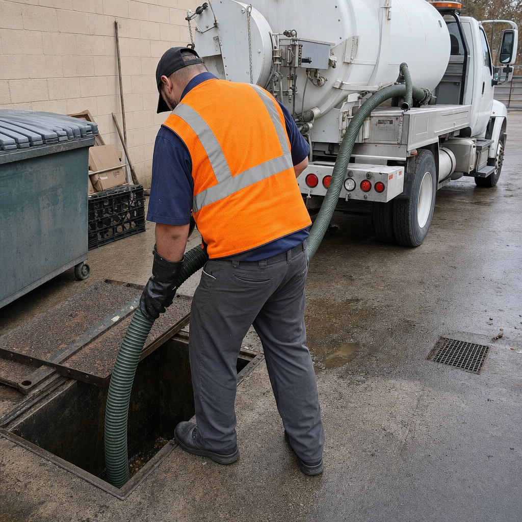 Technician pumping a grease trap behind a Plano restaurant