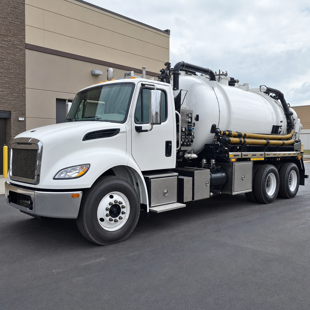 Commercial septic vacuum truck parked in a Plano business parking lot