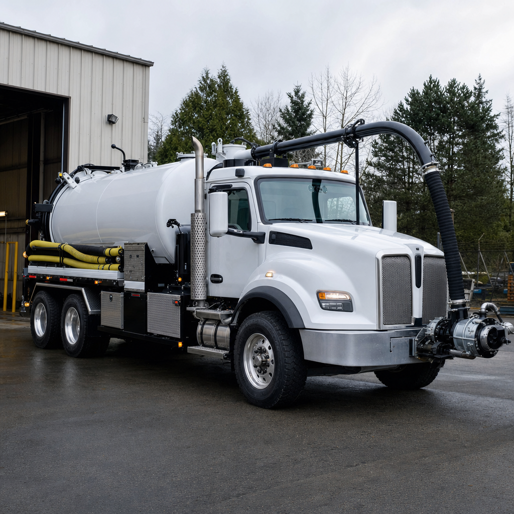 A clean white septic vacuum truck rolling out of a tidy Plano service depot at the start of the day