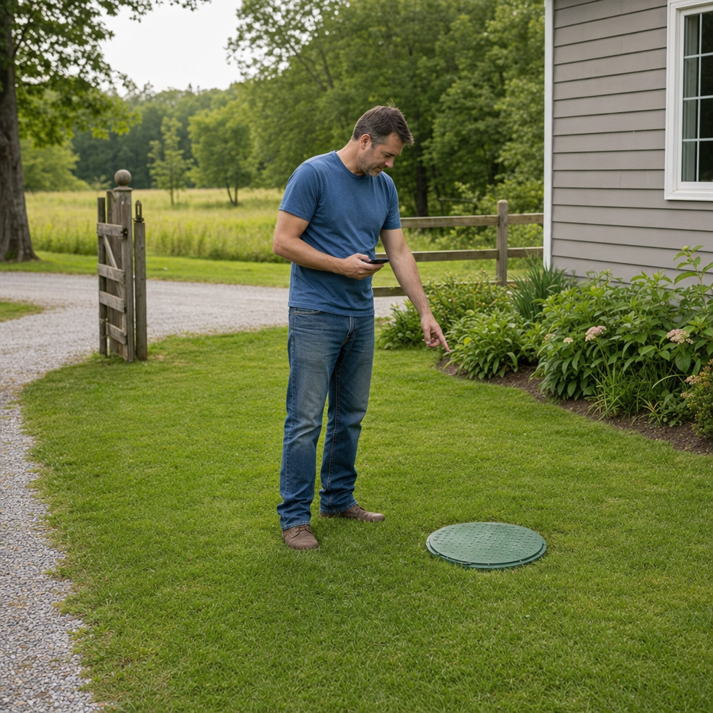 A Plano-area homeowner standing in the backyard noting where the septic tank lid and access route are located