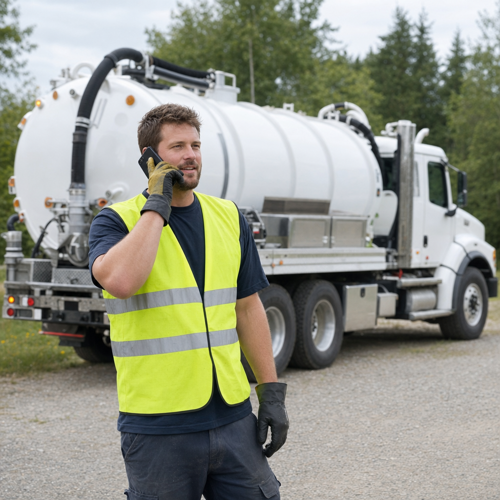 A friendly septic dispatcher holding a phone, ready to answer a Plano homeowner's call about a pump-out