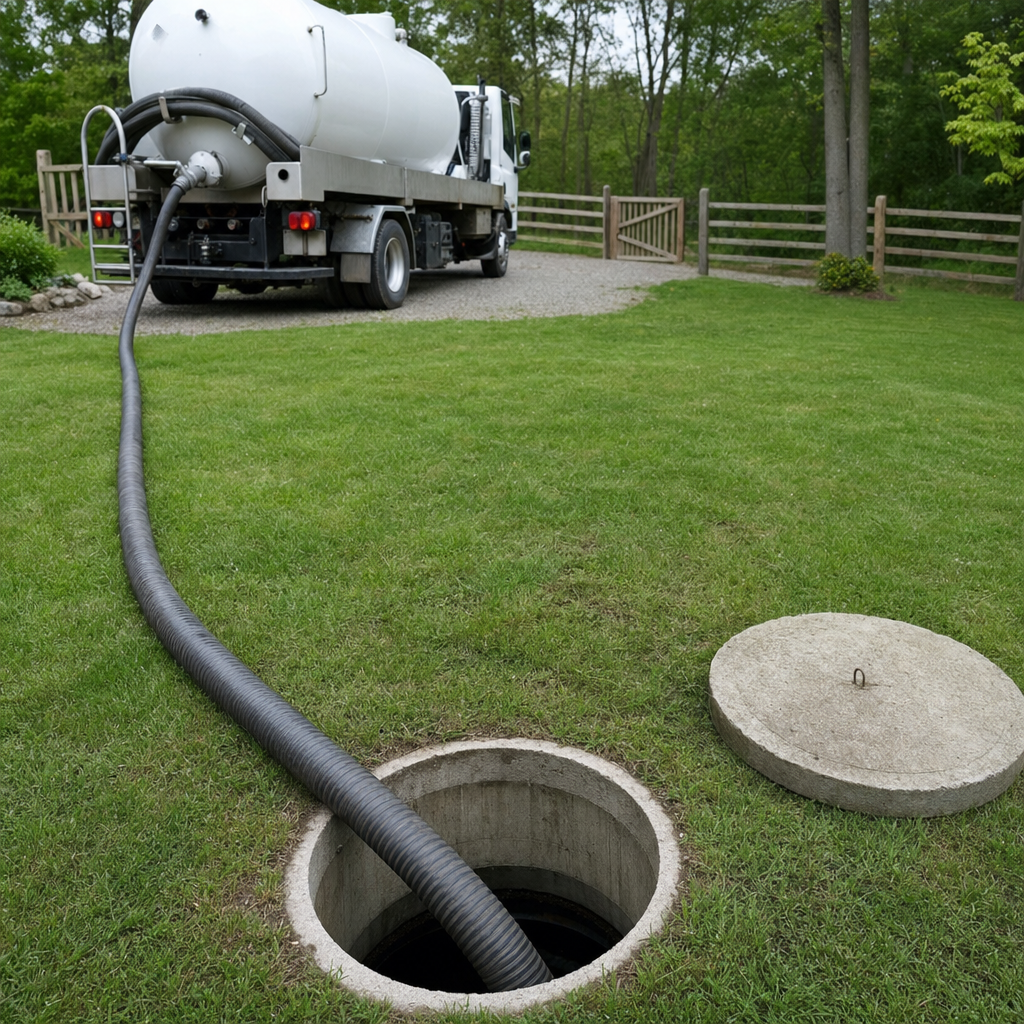 Suction hose connected to an open septic tank, drawing it down in a tidy Plano yard
