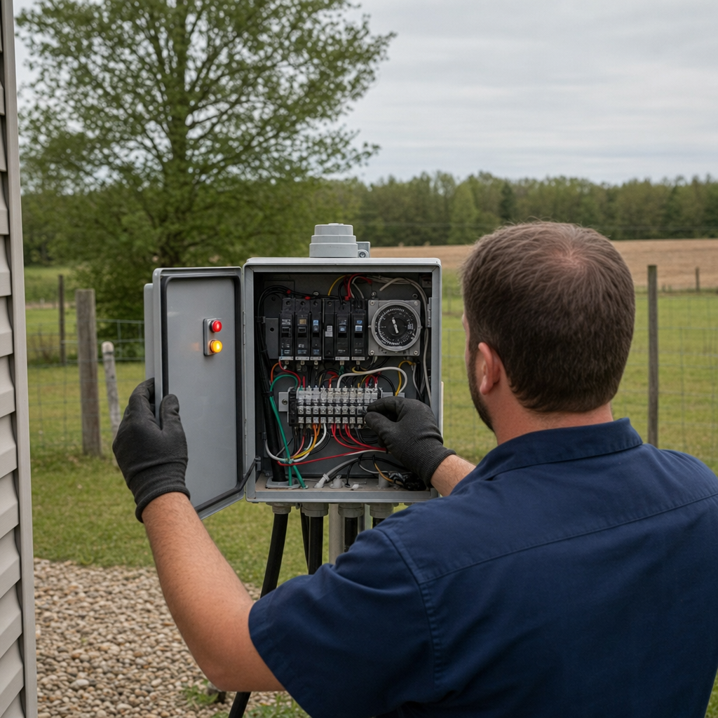 Technician checking an aerobic septic control box with a lit red high-water alarm during a same-day Plano visit