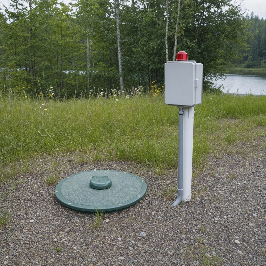 A wastewater holding tank access lid set in the ground at a rural Plano-area cabin, with a mounted high-level float alarm panel nearby