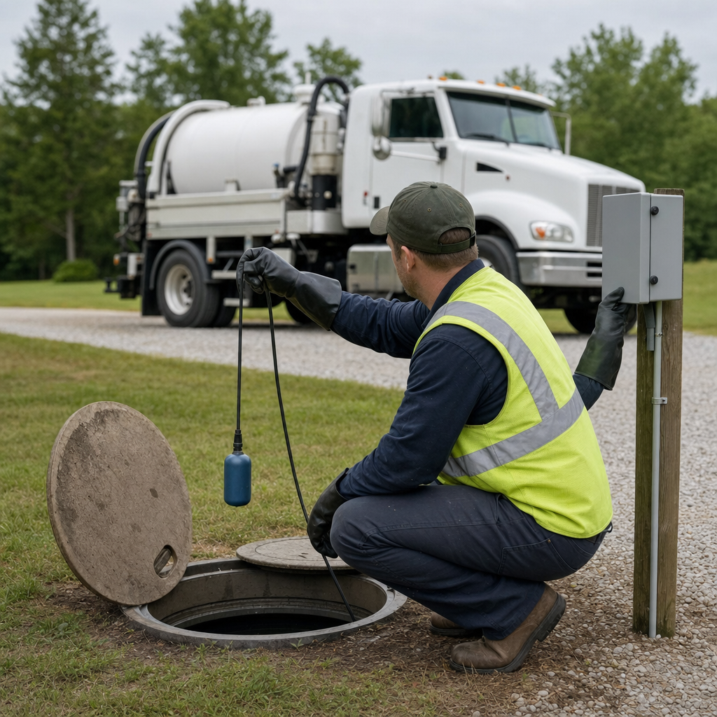 A septic technician in a high-visibility vest checking a high-level float switch and alarm panel on a holding tank at a rural Plano-area site