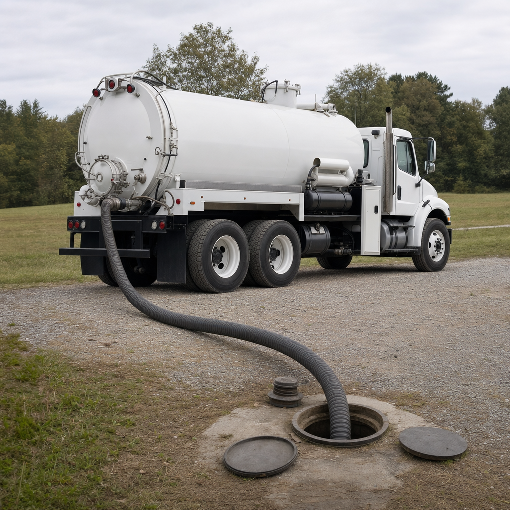 An unmarked white vacuum truck emptying a wastewater holding tank on a scheduled visit at a rural Plano-area property, thick suction hose running to the tank lid
