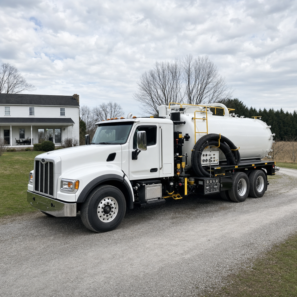 A clean white septic vacuum truck parked on a tidy Plano driveway with the suction hose neatly coiled