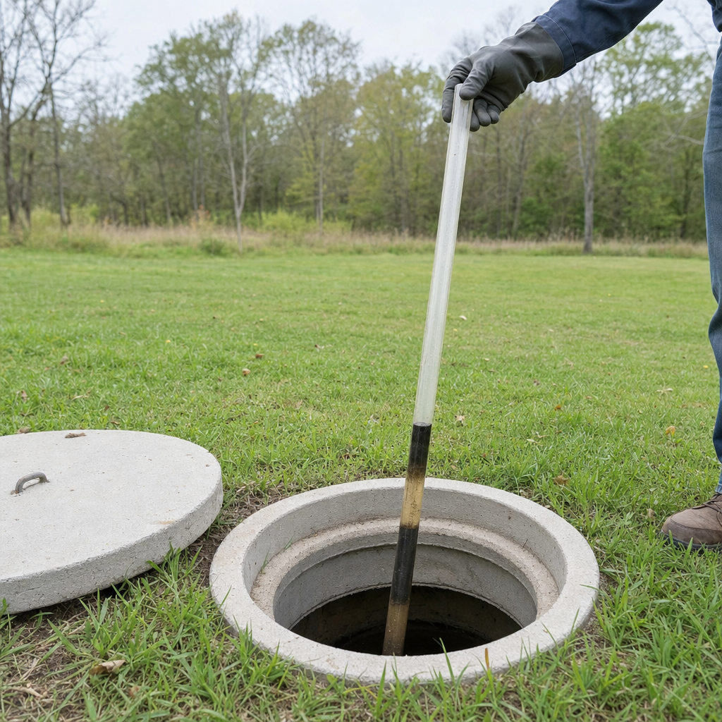 A septic sludge-judge measuring stick lowered into an open Plano septic tank to read the depth of the sludge and scum layers before deciding whether a pump-out is due