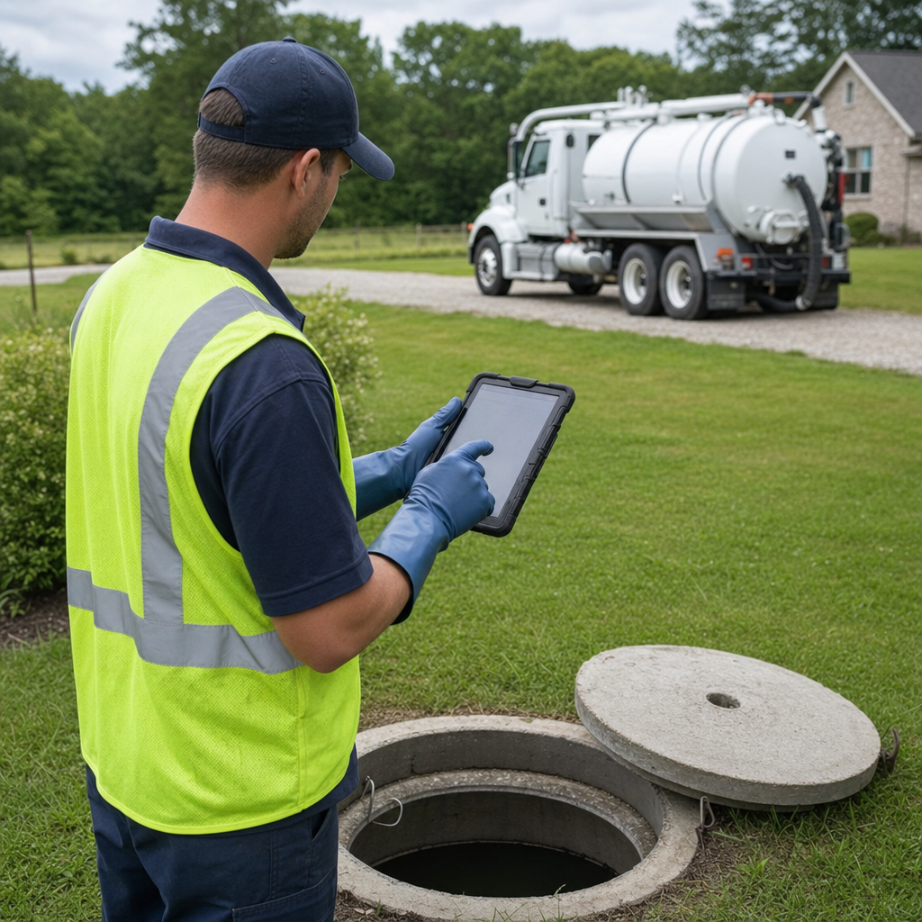 A septic technician recording a Plano home's pump-out date and tank condition on a tablet beside an open access lid, tracking the service history that sets the next due date