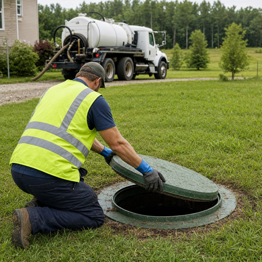 Septic technician kneeling on a Plano lawn, lifting the access lid on a residential septic tank