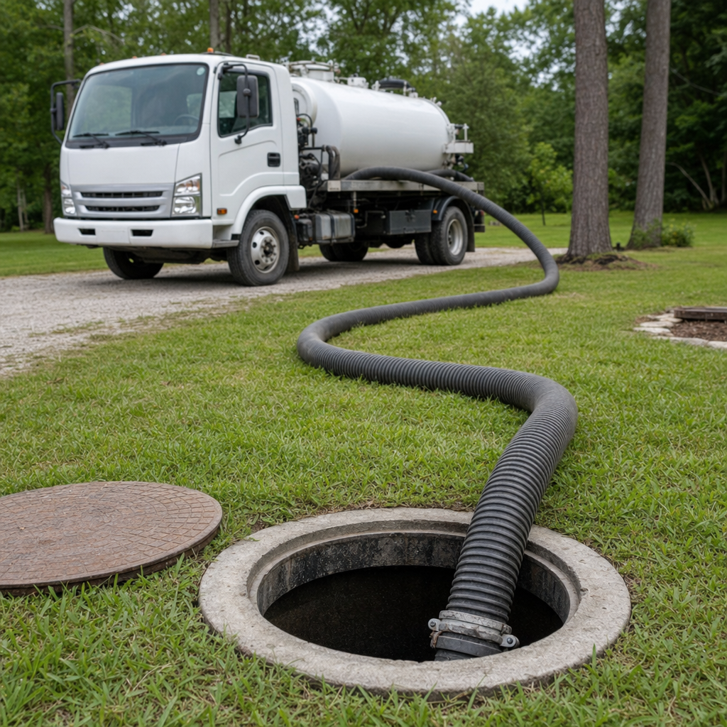 Thick ribbed suction hose lowered into a clean open septic tank port on a tidy Plano backyard lawn