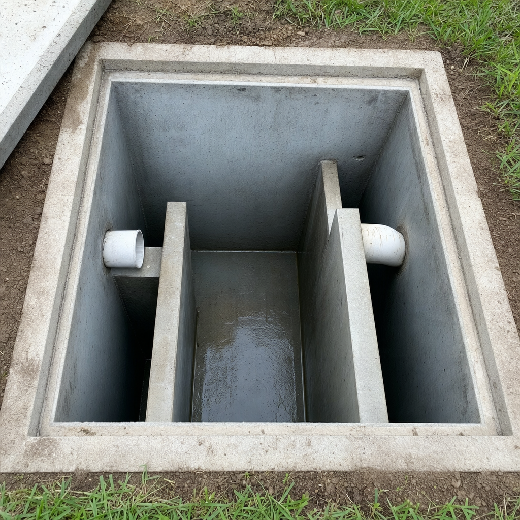 Inspection of the concrete baffles inside an open, emptied and freshly cleaned Plano septic tank