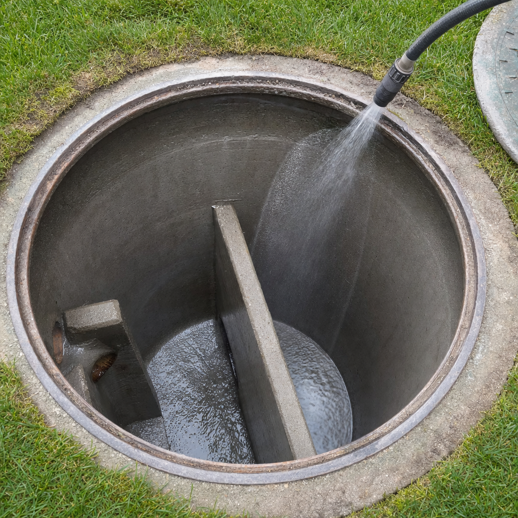 Interior concrete walls of an emptied Plano septic tank being rinsed clean with the truck's onboard water hose