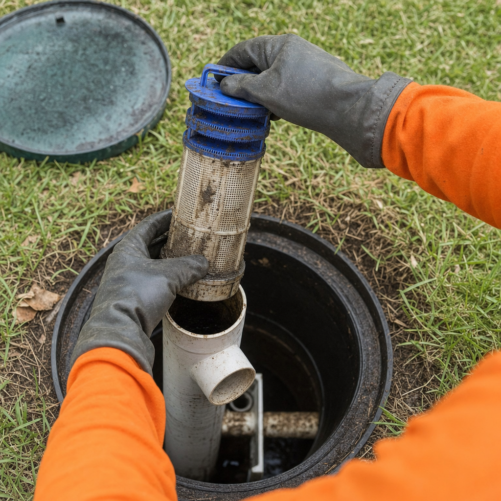Septic technician's gloved hands lifting the effluent filter cartridge out of the outlet housing on a Plano septic tank