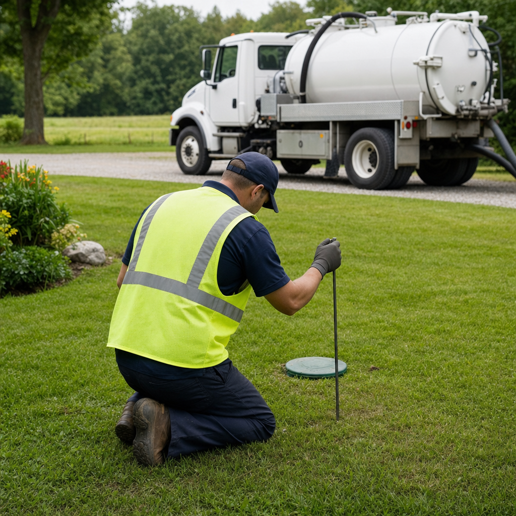 Septic technician kneeling on a Plano lawn, probing to locate and measure the depth of a buried septic tank lid before pumping