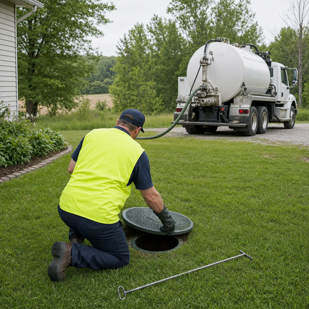 Septic technician kneeling on a Plano lawn, lifting the buried access lid on a residential septic tank