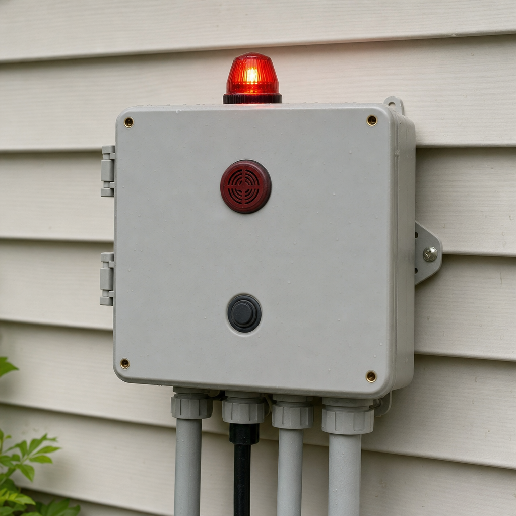An aerobic septic system control panel mounted outside a Plano home with its red high-water alarm light lit
