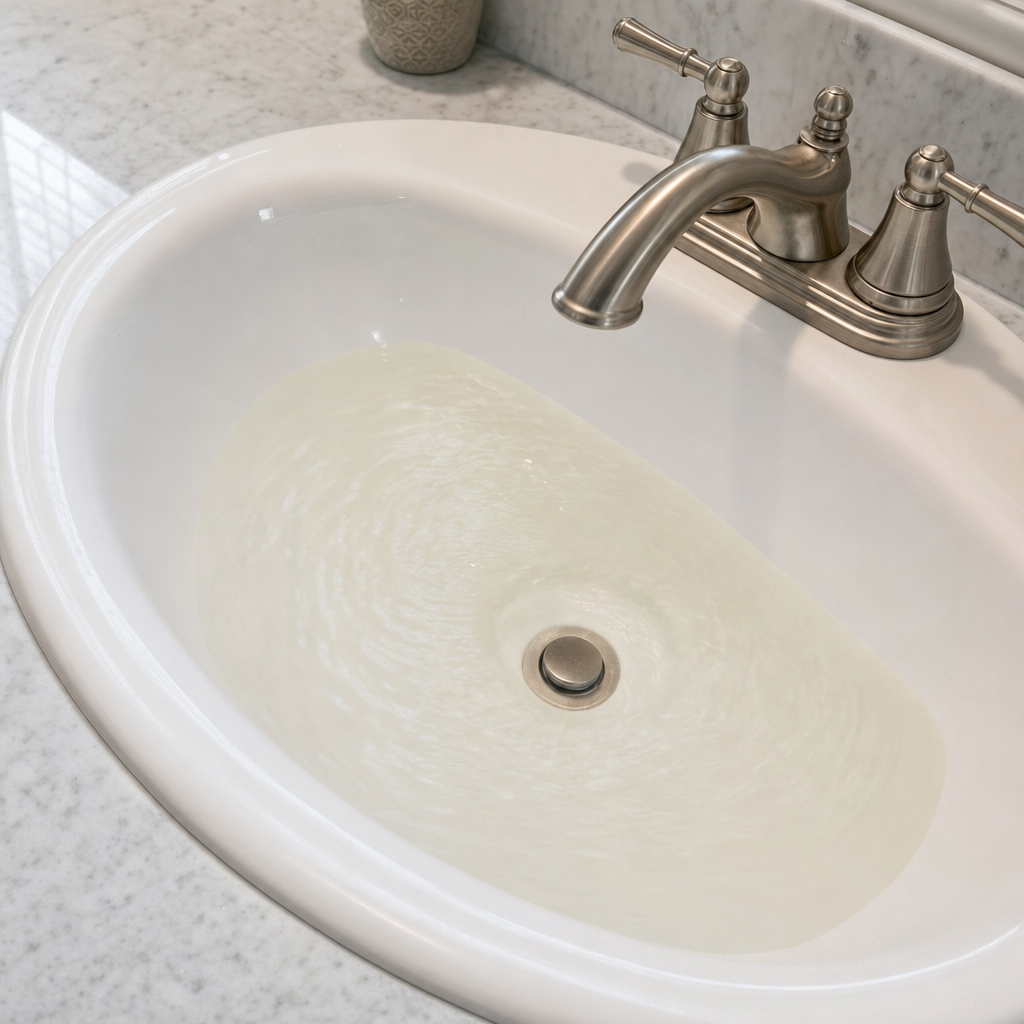 A bathroom sink draining slowly with water pooled in the basin, an early warning sign that a Plano septic tank is full